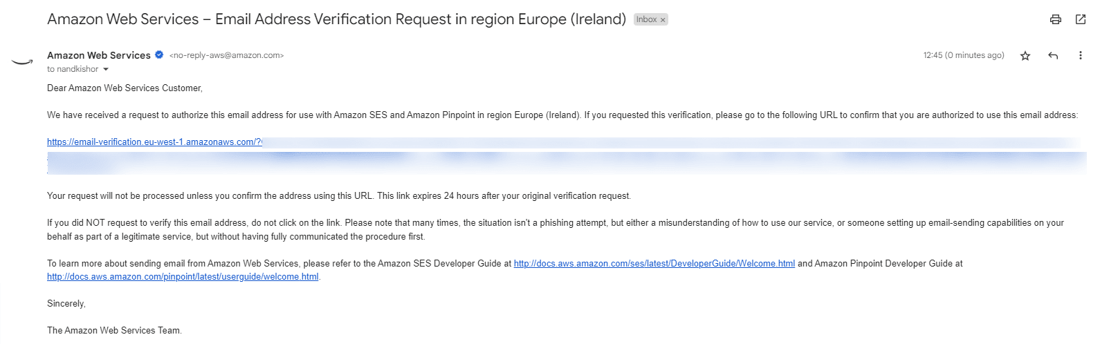 AWS SES email address verification request email