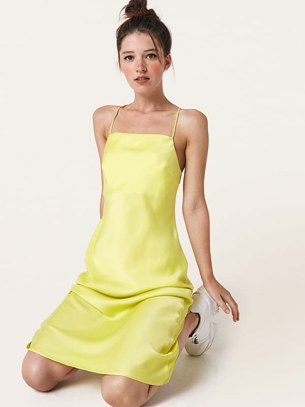 Yellow Electra Bias Satin Midi Dress