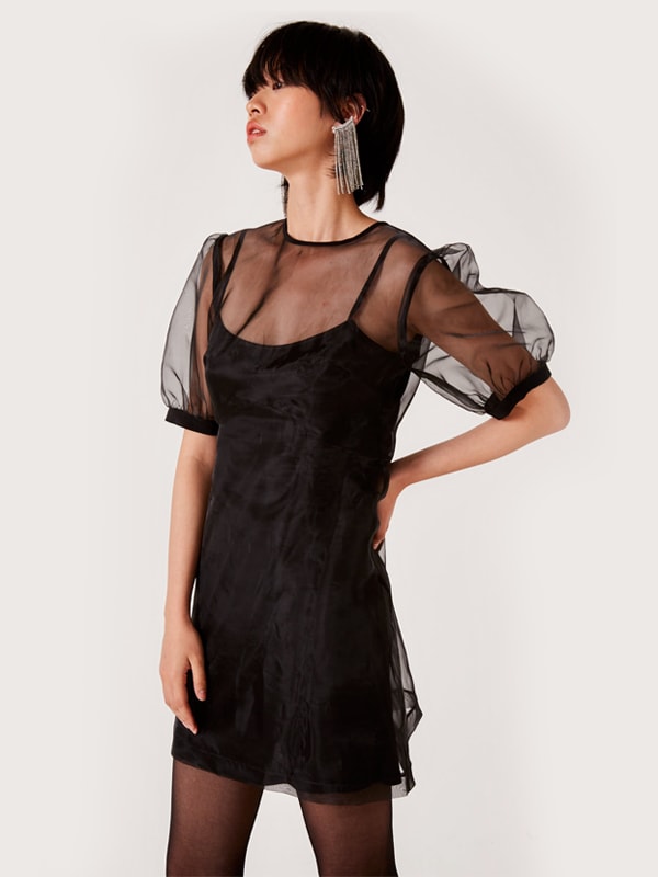 Black Leah Puff Sleeve Mini Dress