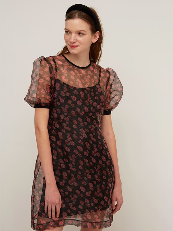 Black and Pink Floral Organza Leah Puff Sleeve Mini Dress