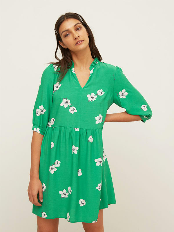 Lenzing EcoVero Green and White Floral Cleo Smock Mini Dress