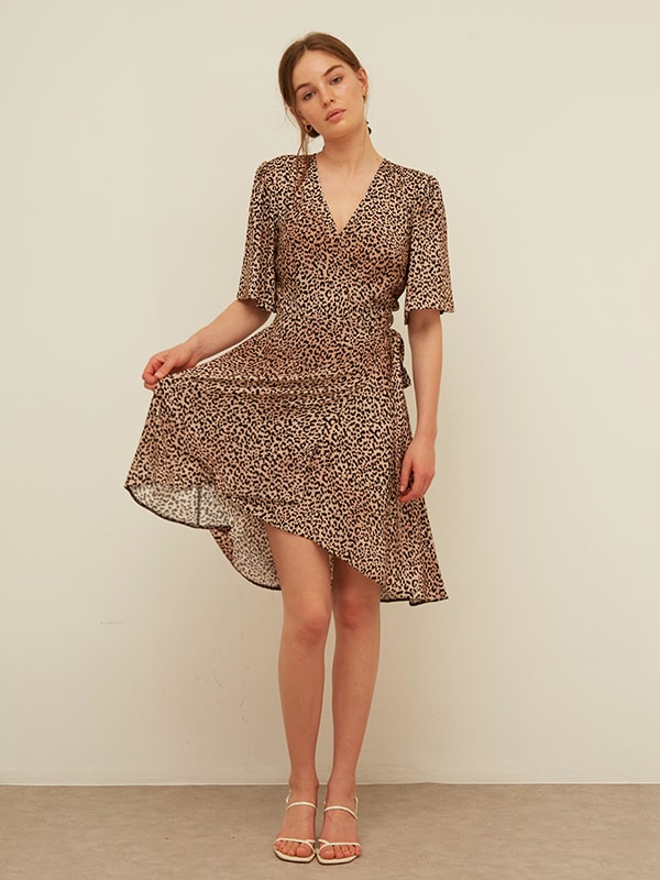 Brown and Black Leopard Simone Wrap Mini Dress
