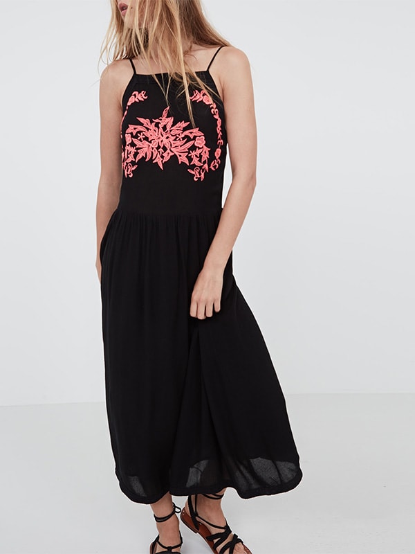 Black/Pink Embroidered Shirred Dress