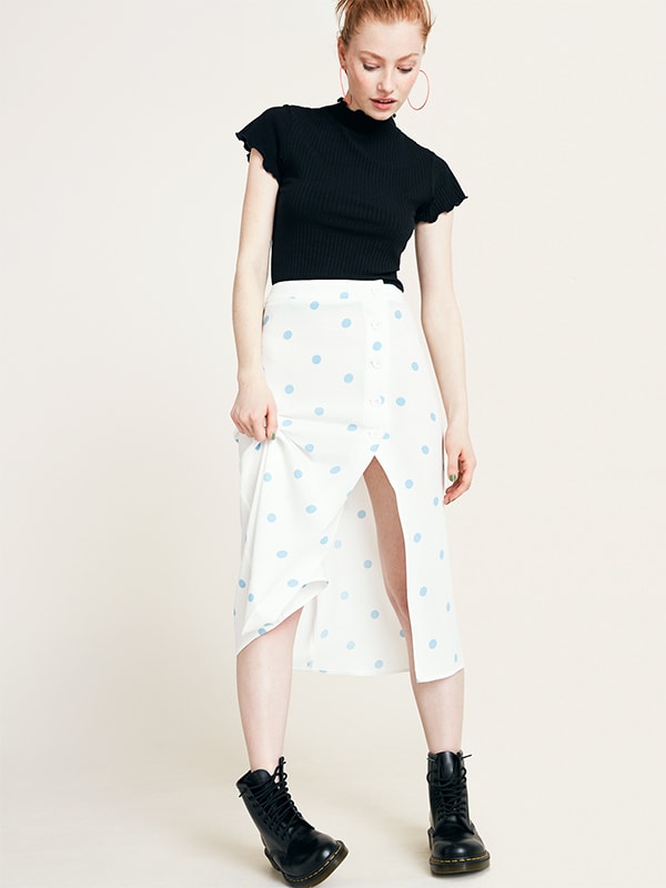 Cream and Blue Spot Print Midi Skirt