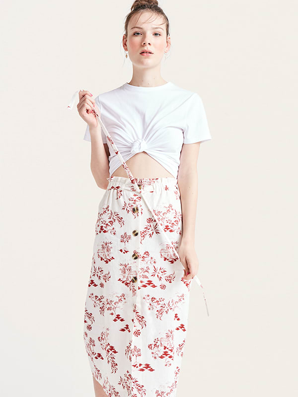 Red and White Scenic Kiera Linen Blend Midi Skirt