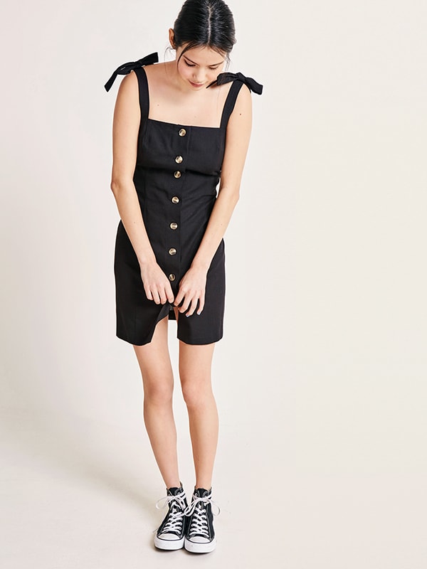 Black Lily Linen Blend Mini Dress