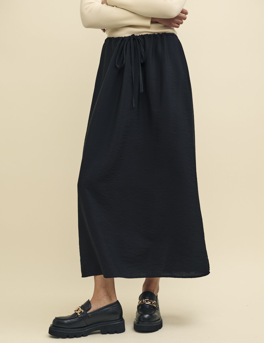 Black Drawstring Waist Midaxi Skirt