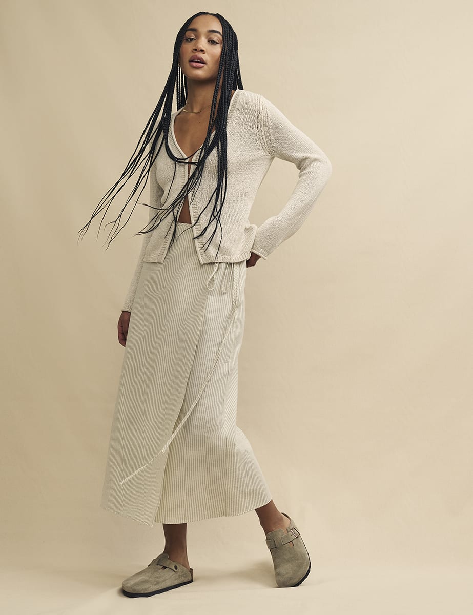Cream Pinstripe Linen-blend Wrap Midi Skirt