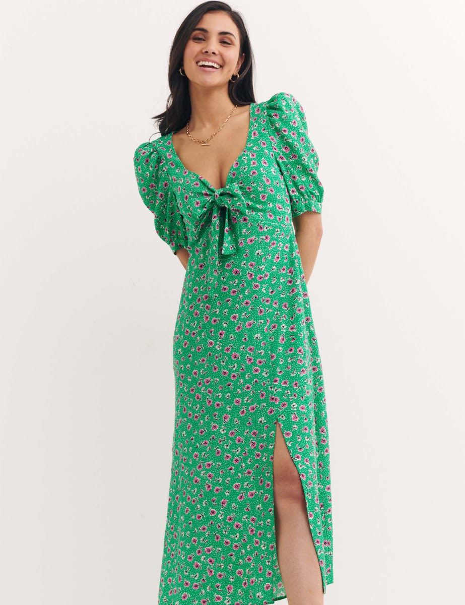 Green Ditsy Floral Sabrina Midi Dress