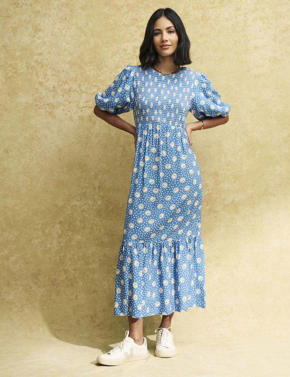 Blue Sun Print Kelsie Midi Smock Dress