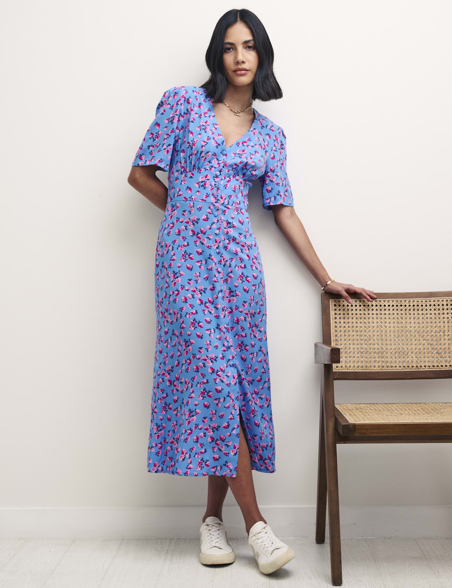 Strawberry Print Alexa Midi with Shirring Dress