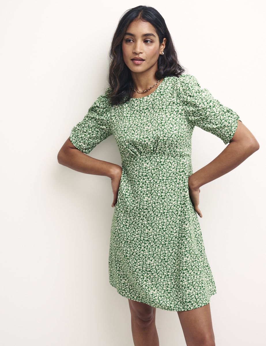Green Floral Ruched Sleeve Evie Mini Dress