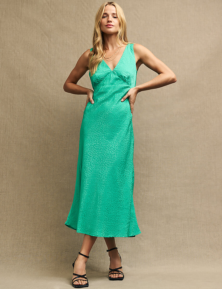 Green Satin Jacquard Helena Midi Dress