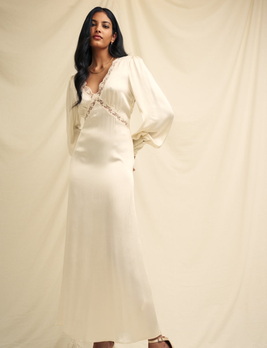 Ivory Satin Lace Trim Nessy Bridesmaid Midaxi Dress