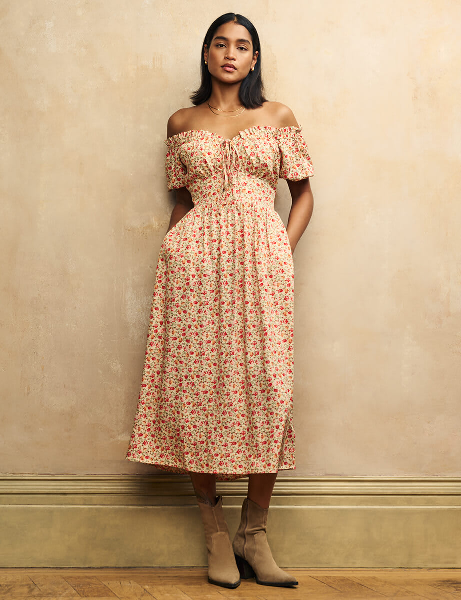 Cream Rose Print Genevieve Bardot Midi Dress