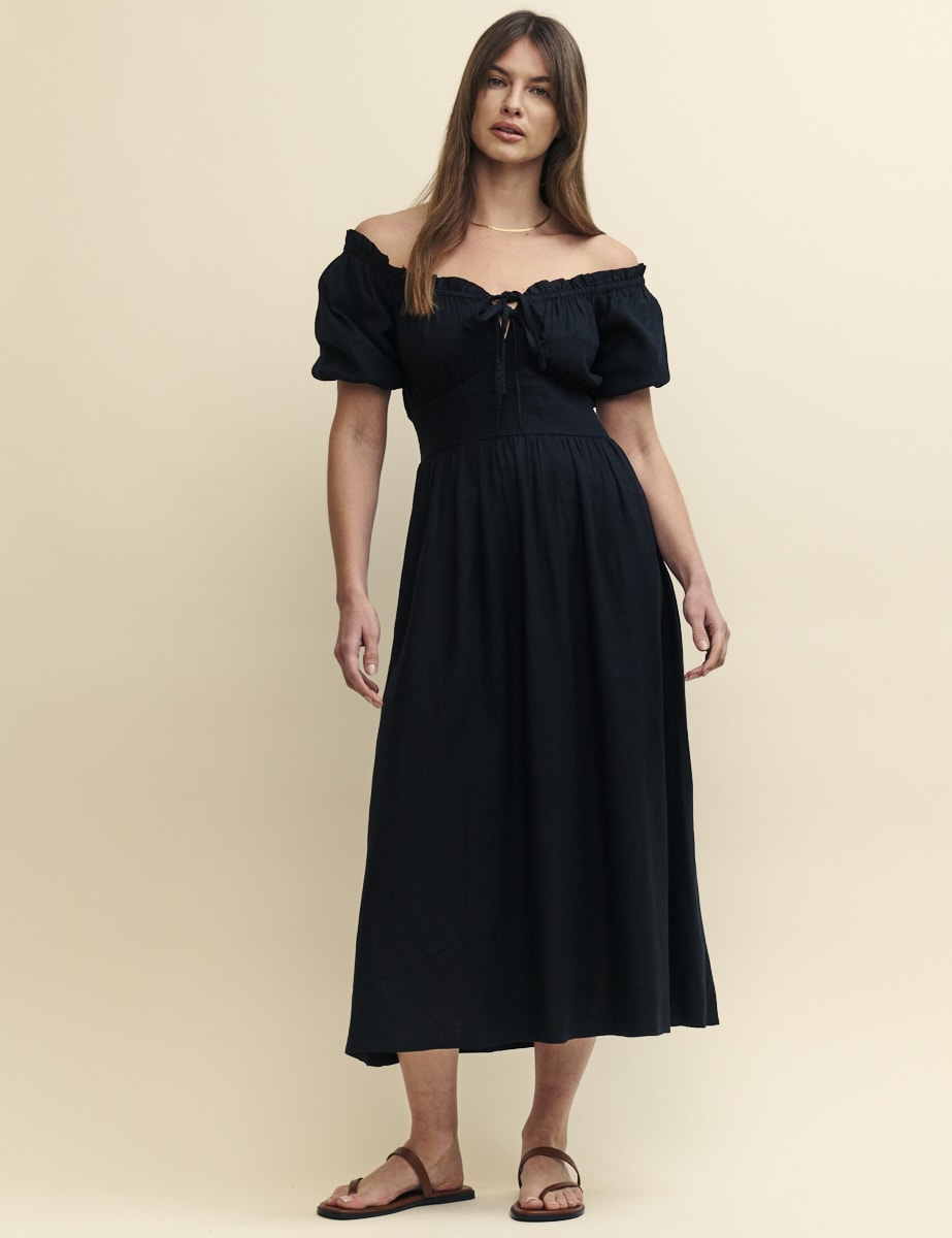 Black Linen-blend Bardot Genevieve Midi Dress