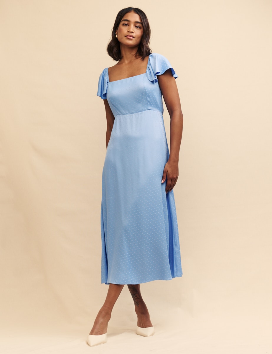 Blue Satin Jaquard Elsie Midi Dress