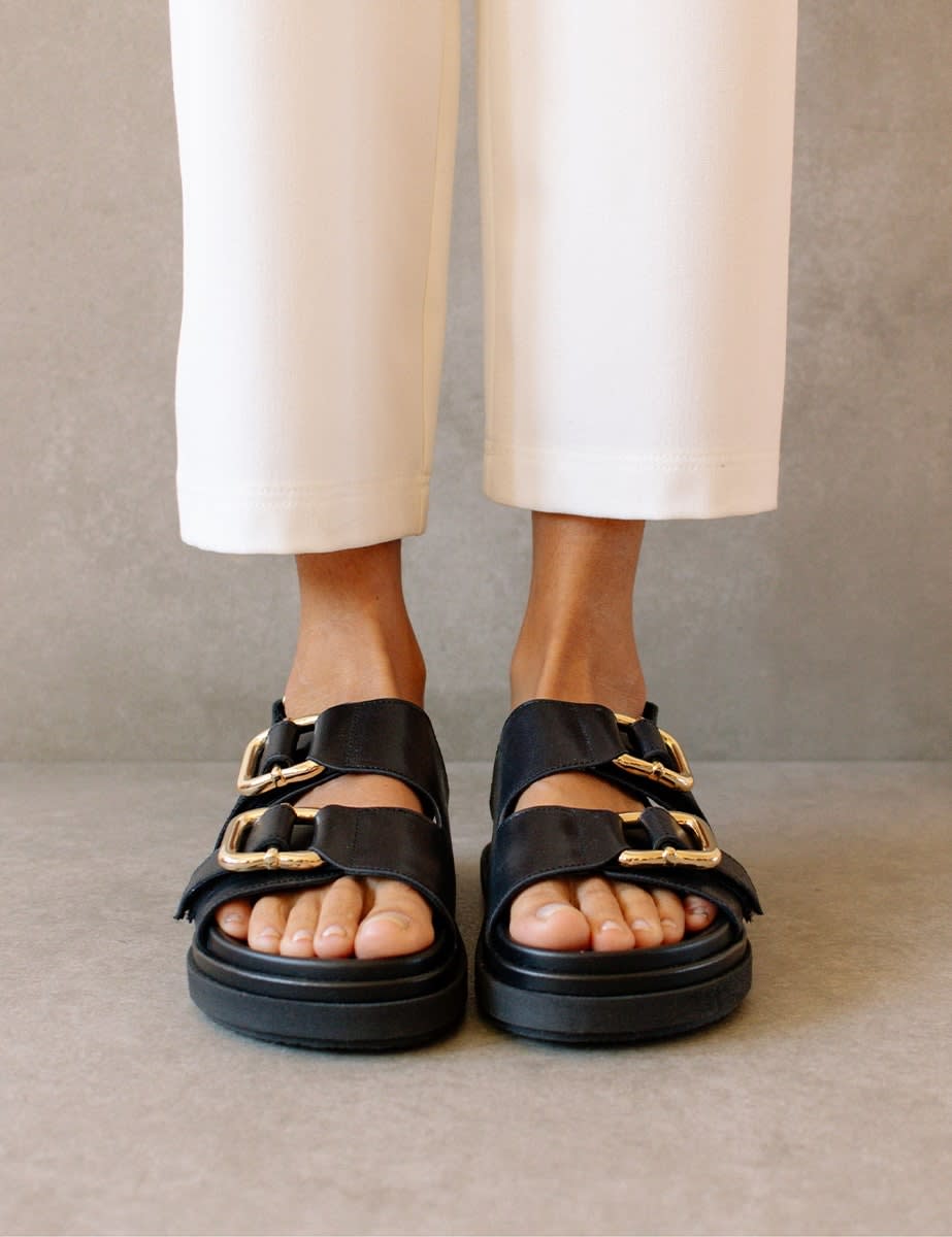 Alohas Harper Leather Two-Strap Black Sandals | Nobody's Child