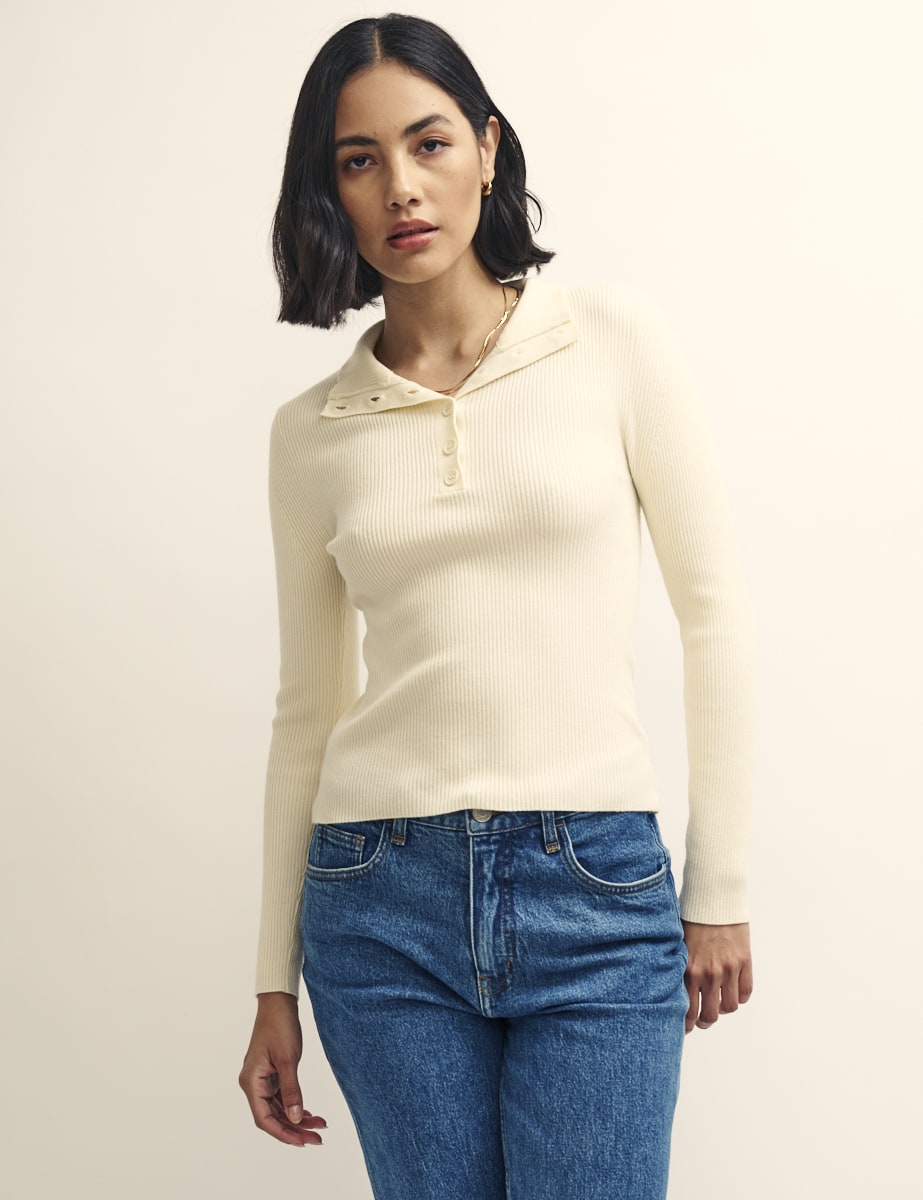 Cream Funnel Neck Button-Up Rib Knitted Top