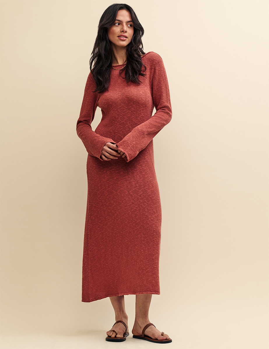 Brown A-Line Scoop Back Knitted Midi Dress