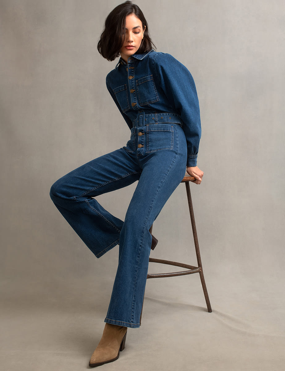 Blue Denim Balloon Sleeve Belted Olympia Jumpsuit