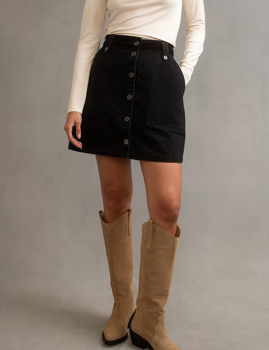 Black Denim Button-Up Mini Skirt