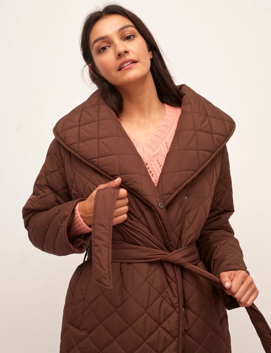 Dark Brown Somme Long Belted Quilted Coat