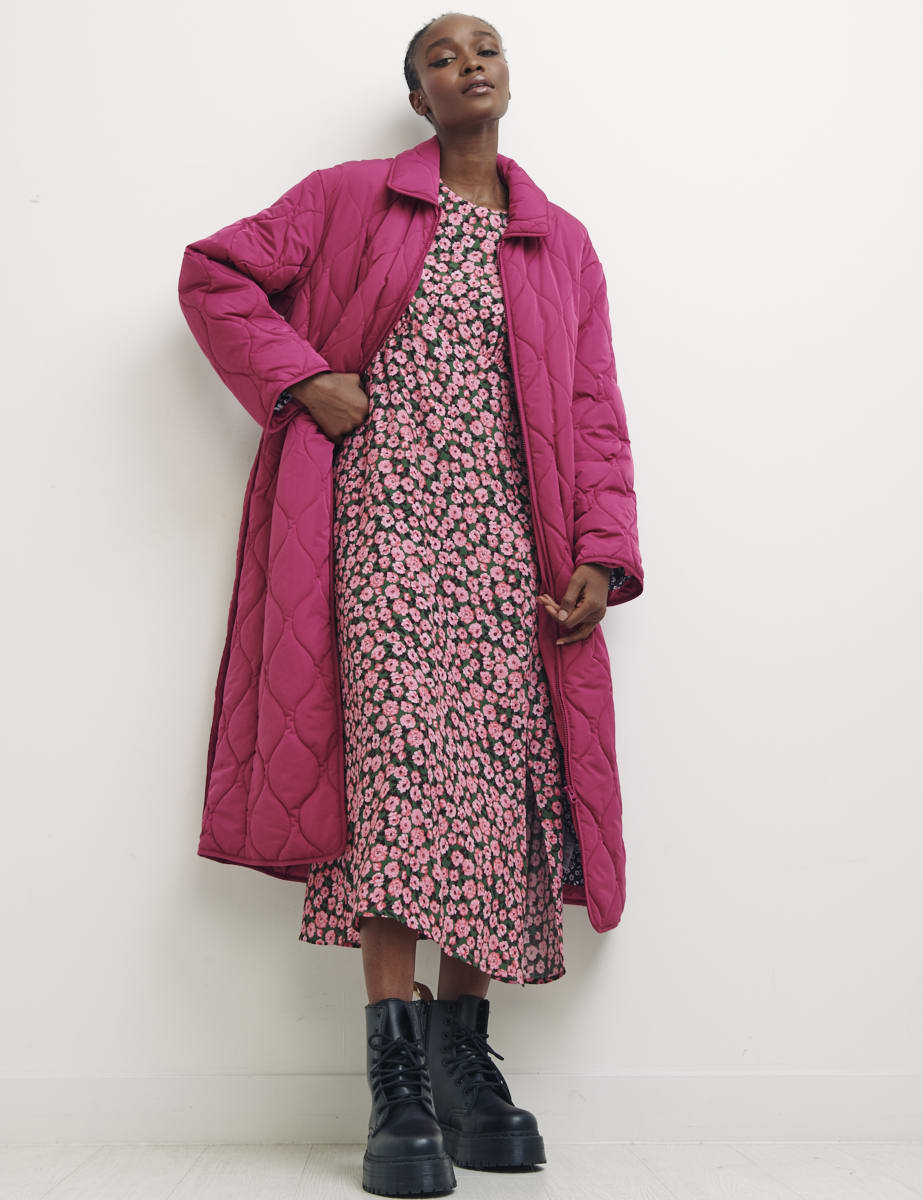 Pink Carrie Long Swirl Belted Quilted Jacket