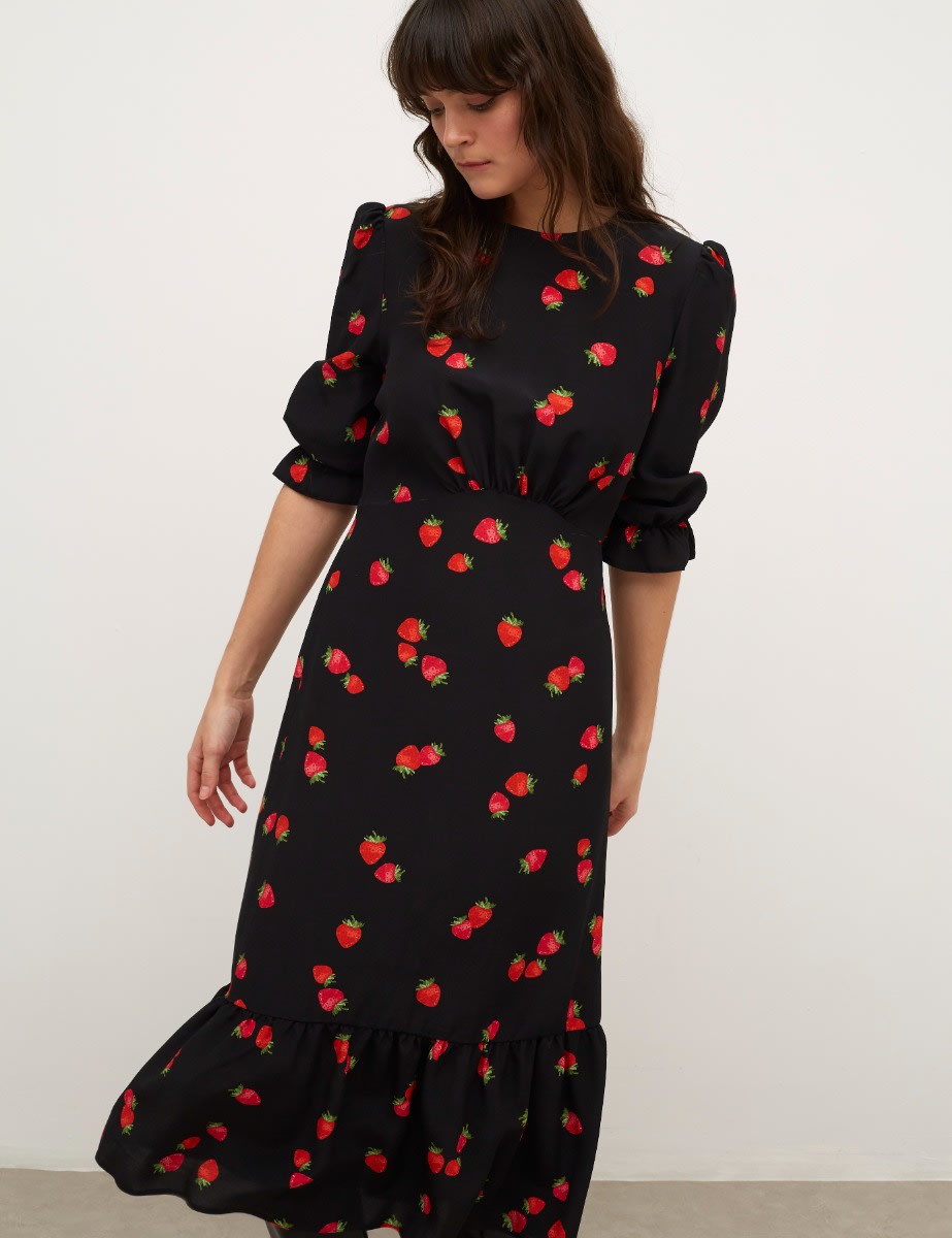 Petite Black Strawberry Selena Midi Dress