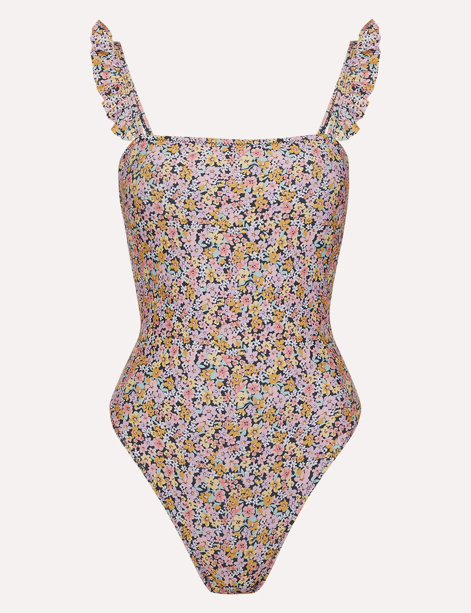 Multi Ditsy Floral Laura Frill Strap Square Neck Swimsuit