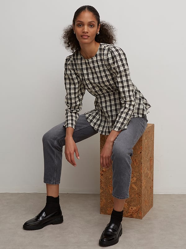 White and Black Check Grace Long Sleeve Top