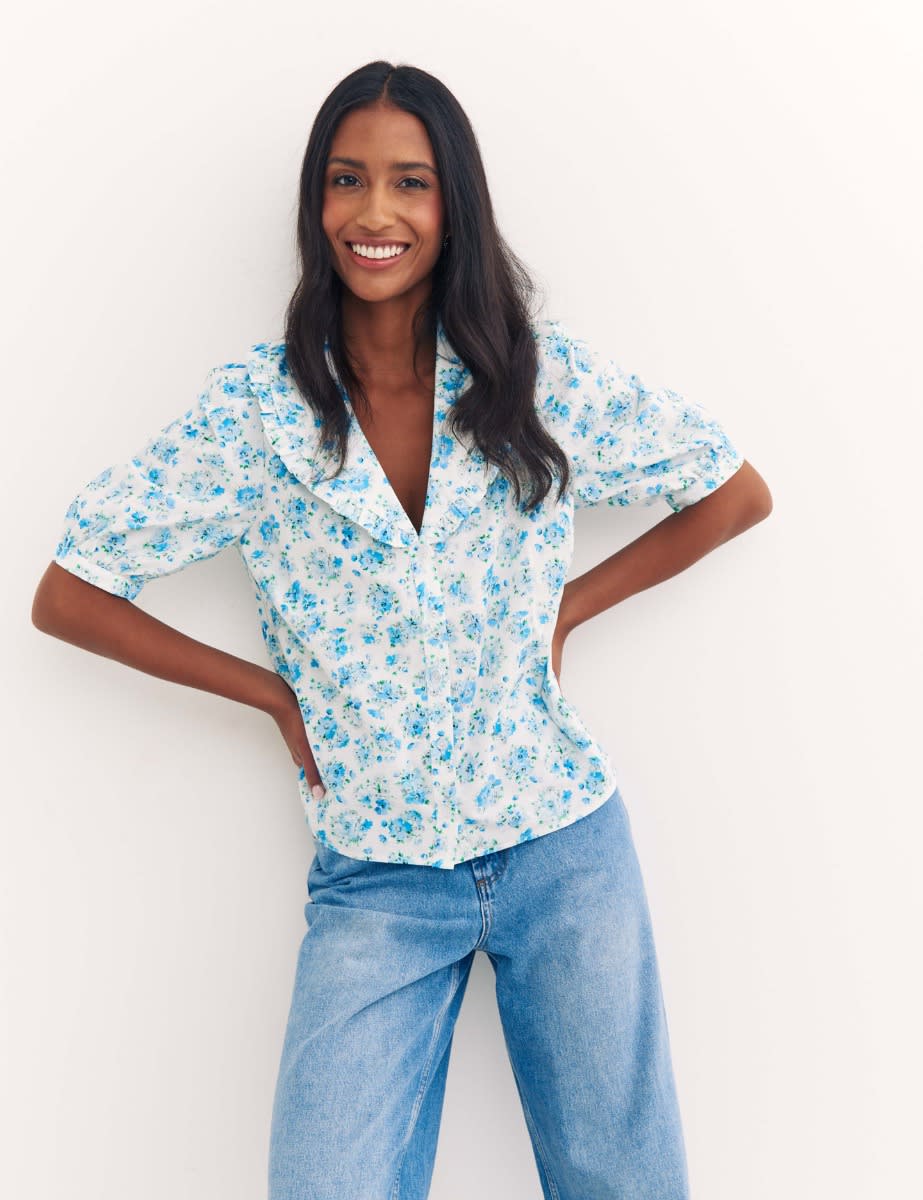 White and Blue Big Floral Cherry Emmie Blouse