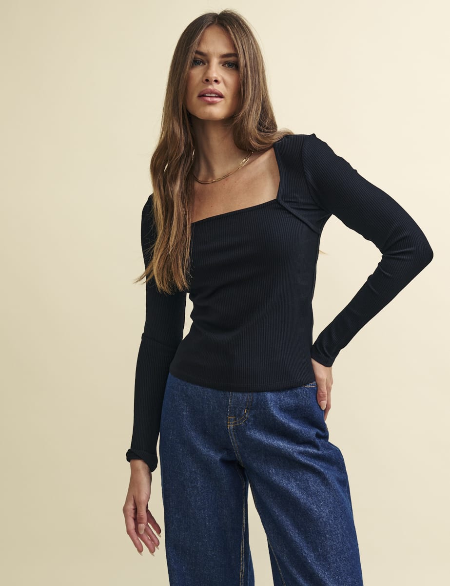 Black Long Sleeve Square Neck Top