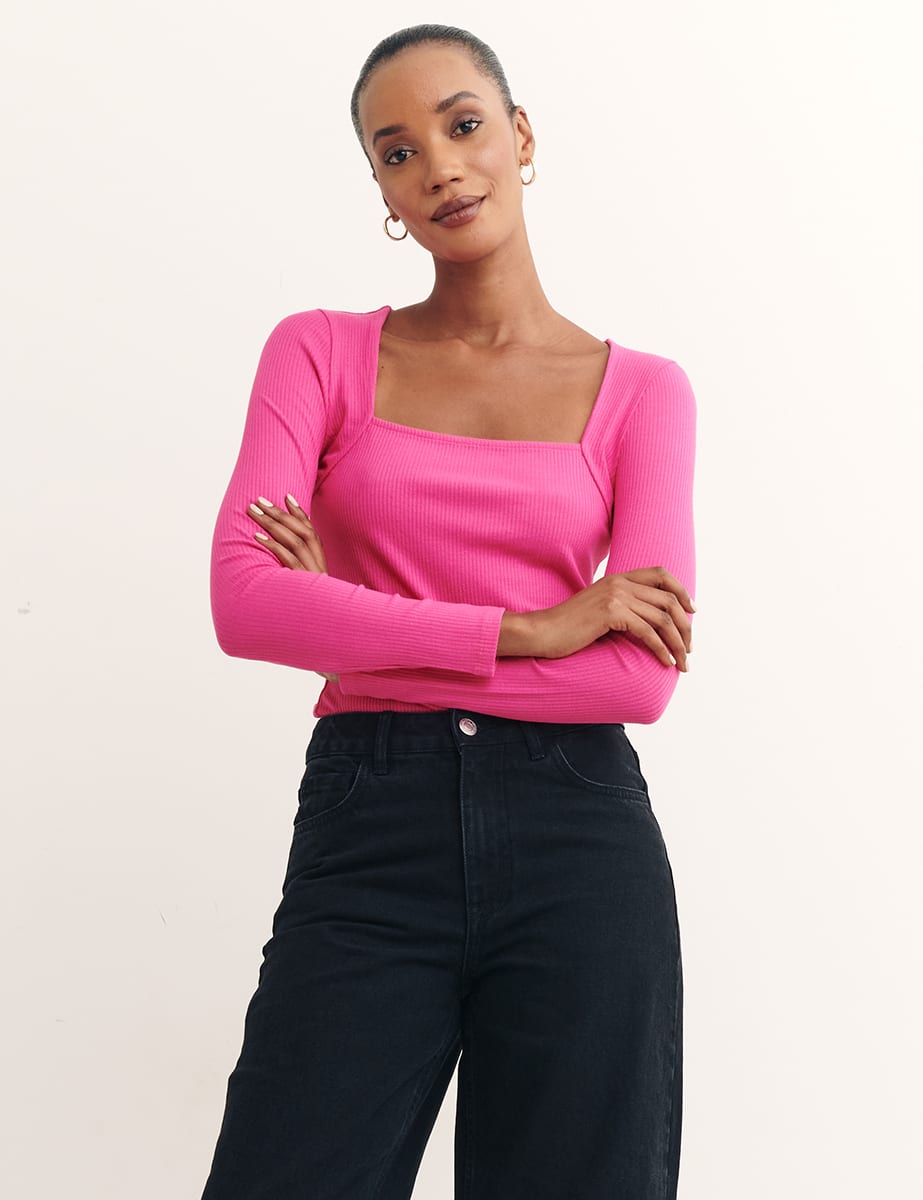 Pink Long Sleeve Square Neck Top