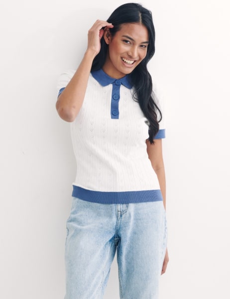 Contrast Pointelle Polo Top