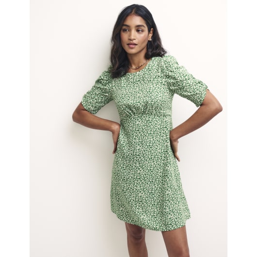Green Floral Ruched Sleeve Evie Mini Dress | Nobody's Child