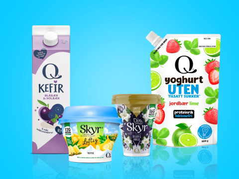 Vårens nyheter fra Q-Meieriene: Q Kefir, Skyr Luftig Tropisk, Din Skyr Solbær og vanilje, Q Yoghurt uten tilsatt sukker