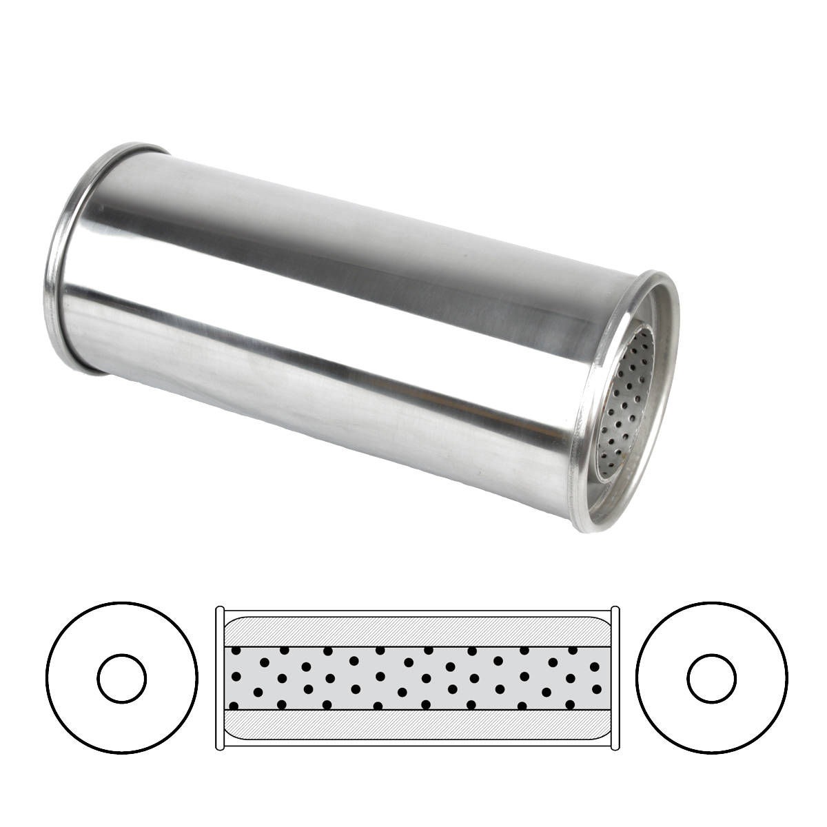 5" Round, 12" Long, 3", C/C, No Spigots, S/Thru, 409 Stainless Polished