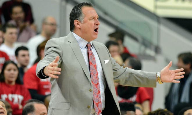 NC State Wolfpack basketball head coach Mark Gottfried argues on the sideline.