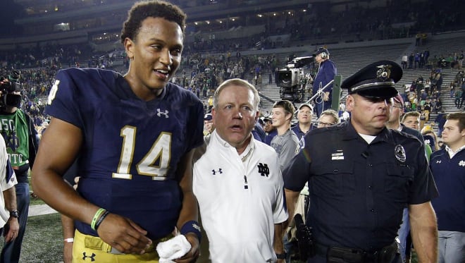 Former Notre Dame quarterback DeShine Kizer with head coach Brian Kelly