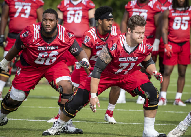 NC State Wolfpack football guard Joshua Fedd-Jackson practices.