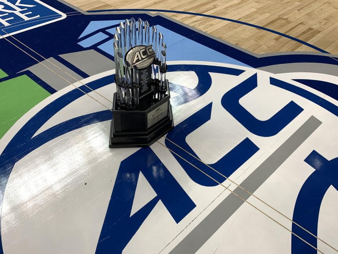 The ACC Trophy at midcourt in Greensboro.