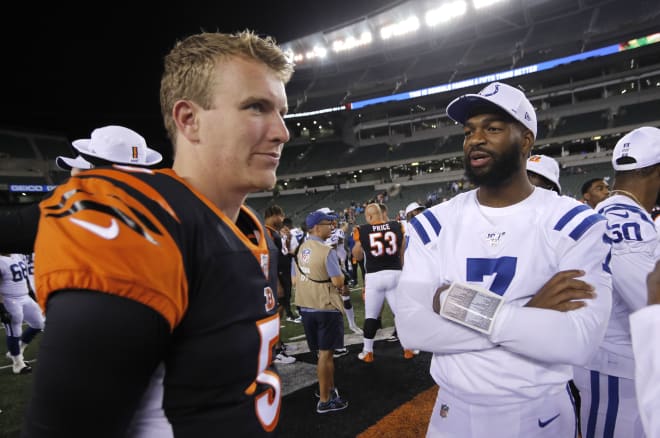 Former Wolfpack quarterbacks Ryan Finley (left) of the Cincinatti Bengals and Jacoby Brissett (right) of the Indianapolis Colts.