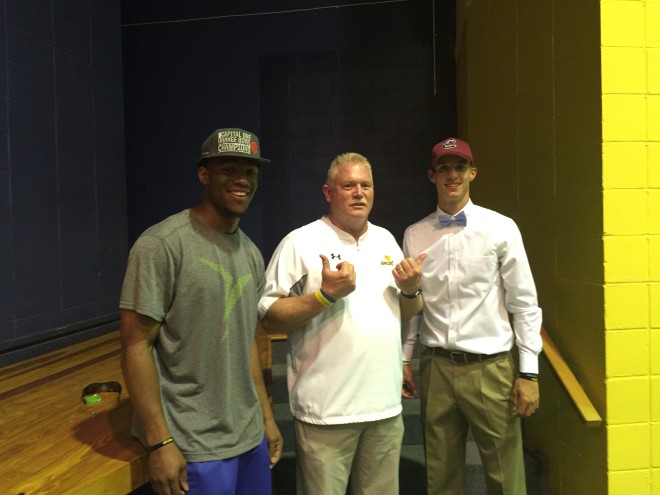 Wren coach Jeff Tate with South Carolina QB commit Jay Urich and Clemson QB Kelly Bryant.
