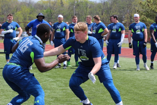 Vretman makes a block at the recent NJ Rivals Camp where he was one of the top performers