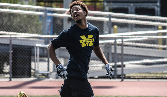 Hall sported a Michigan tee during the Augustus Hawkins satellite camp in Los Angeles.