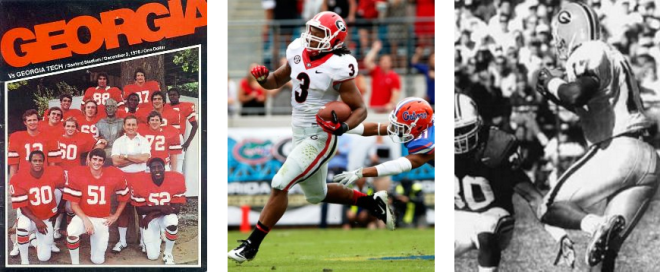 "100" is for (L to R) the one-time cost of a program at Sanford Stadium; Todd Gurley on a few occasions; and what few UGA quarterbacks have been able to accomplish the last 40 years--the last being Quincy Carter at  Kentucky in '98.