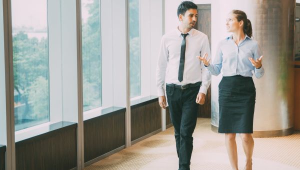 walking, couple, business man, business woman, meeting