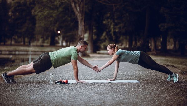 man, woman, outside, team pushups