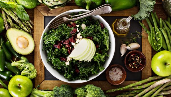 kale salad, veggie salad, avocado, granny smith apples, kale, asparagus, leafy greens